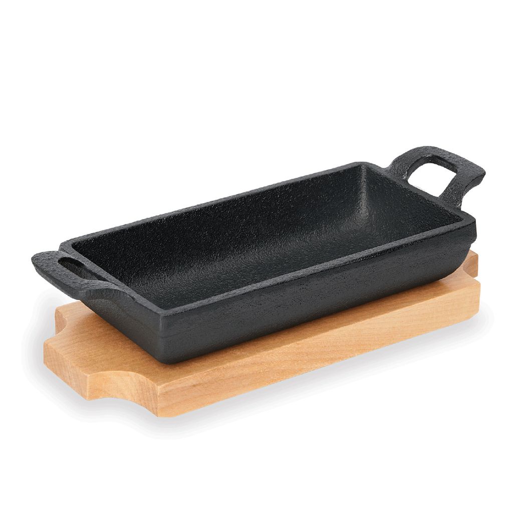 WAS Germany Mini Serving Pan with Wooden Trivet and Side Handles 18 x 9.5 x 3 cm Cast Iron