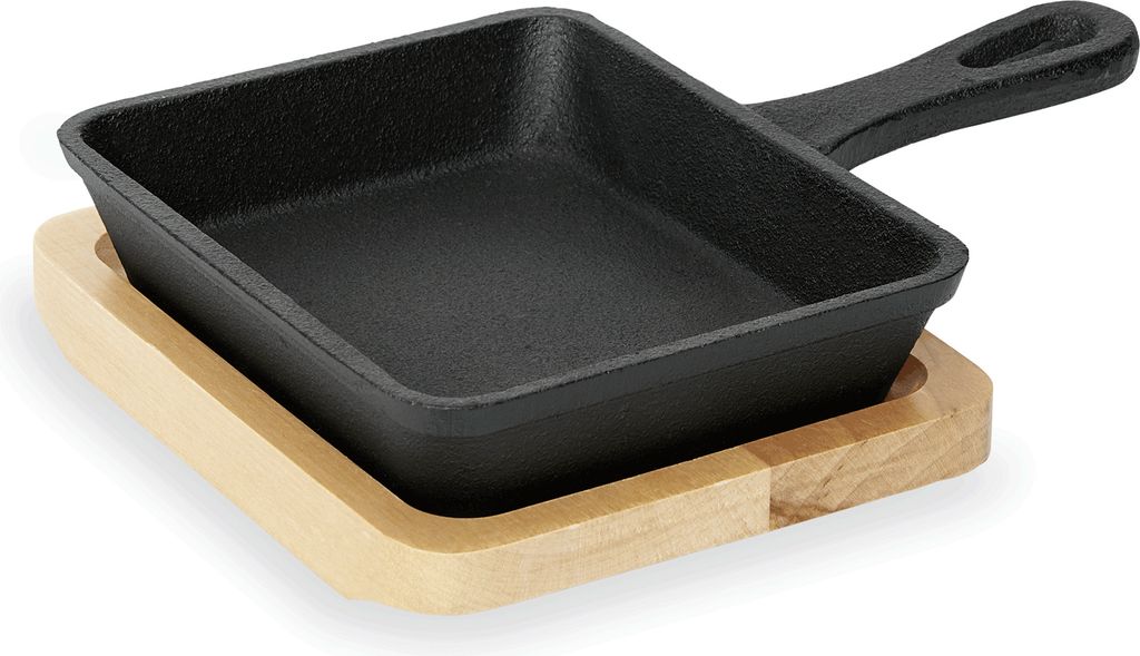 WAS Germany Mini Serving Pan with Wooden Trivet and Handle 12.5 x 10.5 x 2.5 cm Cast Iron