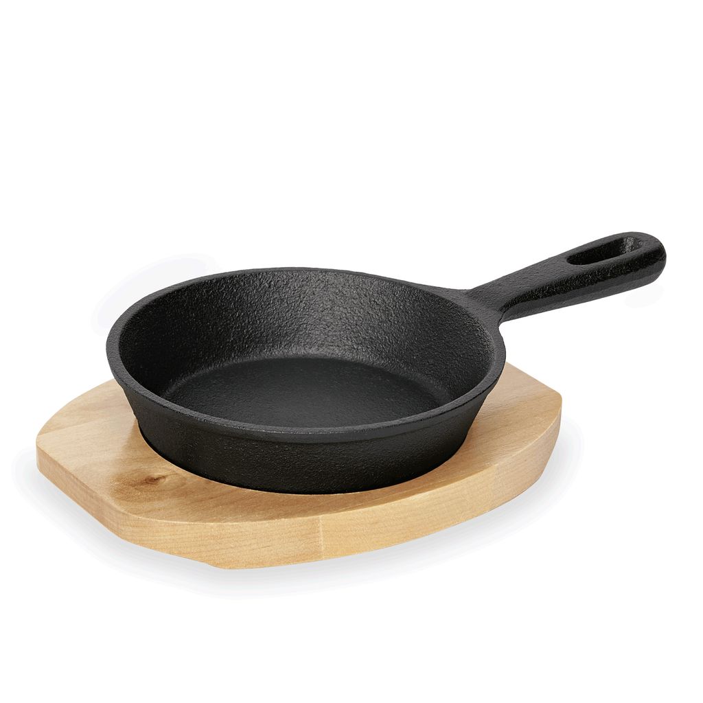 WAS Germany Mini Serving Pan with Wooden Trivet and Handle Ø 13 cm Cast Iron