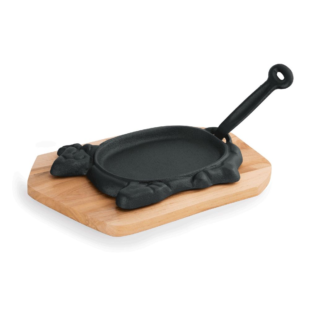 Wasa WAS Germany Serving Pan with Wooden Trivet and Detachable Serving Handle 27 x 16 x 2 cm Cast Iron Beef Motif