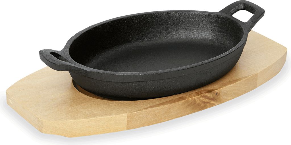 WAS Germany Serving pan with wooden trivet and side handles 18 x 12 x 3 cm Cast iron