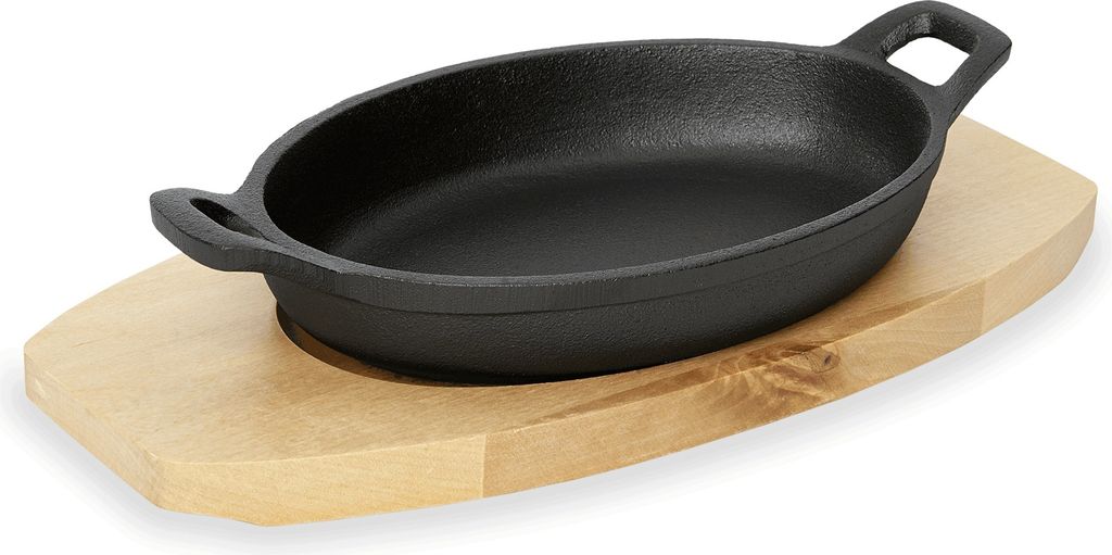 Wasa WAS Germany Serving pan with wooden trivet and side handles 24 x 17.5 x 5 cm Cast iron