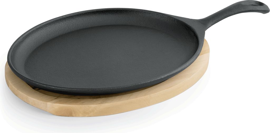WAS Germany Serving Pan with Wooden Trivet and Serving Handle 25 x 18.5 x 2 cm Cast Iron