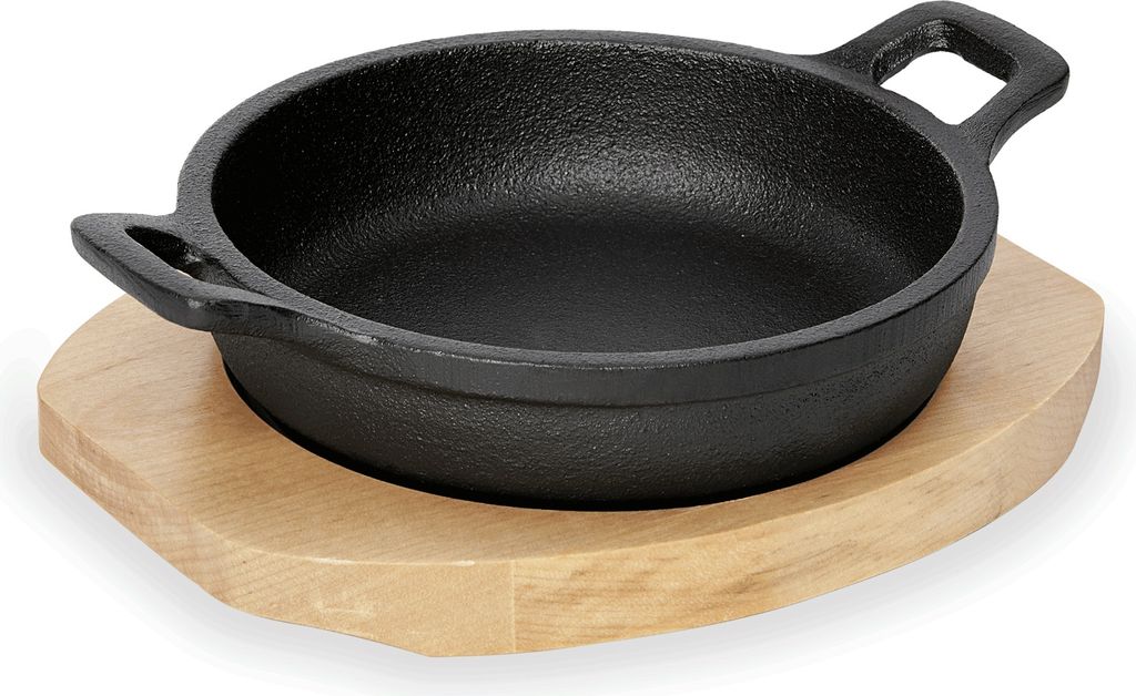 WAS Germany serving pan with wooden trivet and two side handles Ø 18 cm cast iron