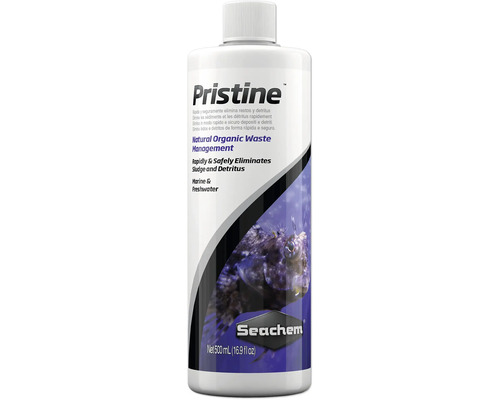 Seachem Pristine 500 ml water purifier: natural water treatment through bioaugmentation, improves water clarity and reduces excess nutrients, suitable for fresh and salt water