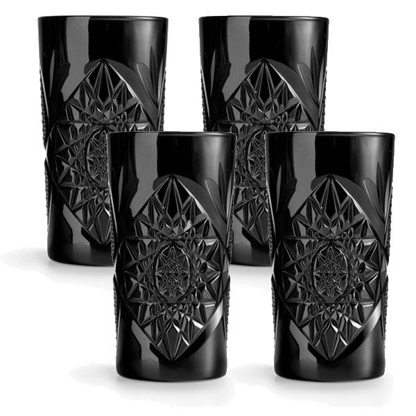 Water Glass Juice Glass Long Drink Glass Black Hobstar by Libbey (set of 4)