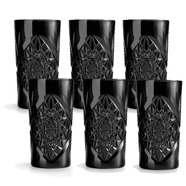 Water Glass Juice Glass Long Drink Glass Black Hobstar by Libbey (set of 6)