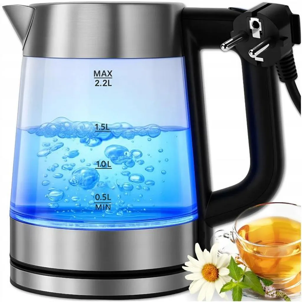 2.2L 2000W Cordless Electric Kettle, Glass, Stainless Steel, 360 Degree Base, Concealed Heating Element, Auto Shut-Off, Boil-Dry Protection, Scale, MEMFLOW