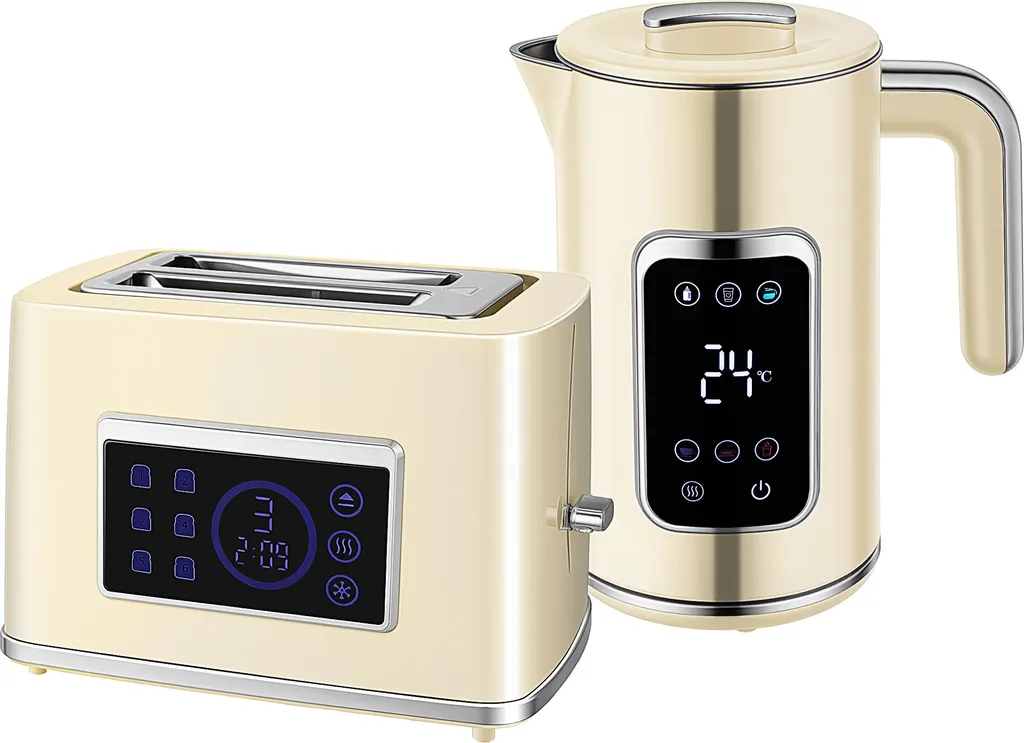 Welikera Kettle and toaster set with LED touchscreen, 1.7 L, 2 toaster slots, various modes and functions, cream white