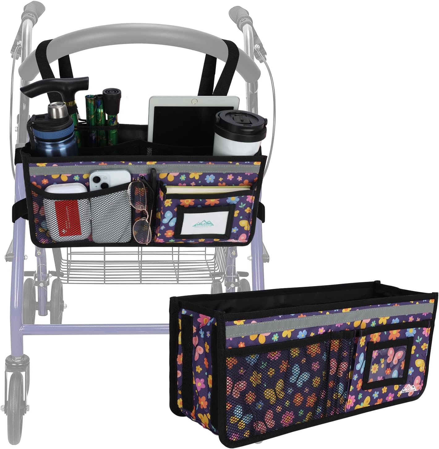 supregear Rollator Basket, Large Capacity Organiser Bag with Multiple Pockets, Foldable Universal Waterproof Storage Bag for Seniors, Purple Butterfly
