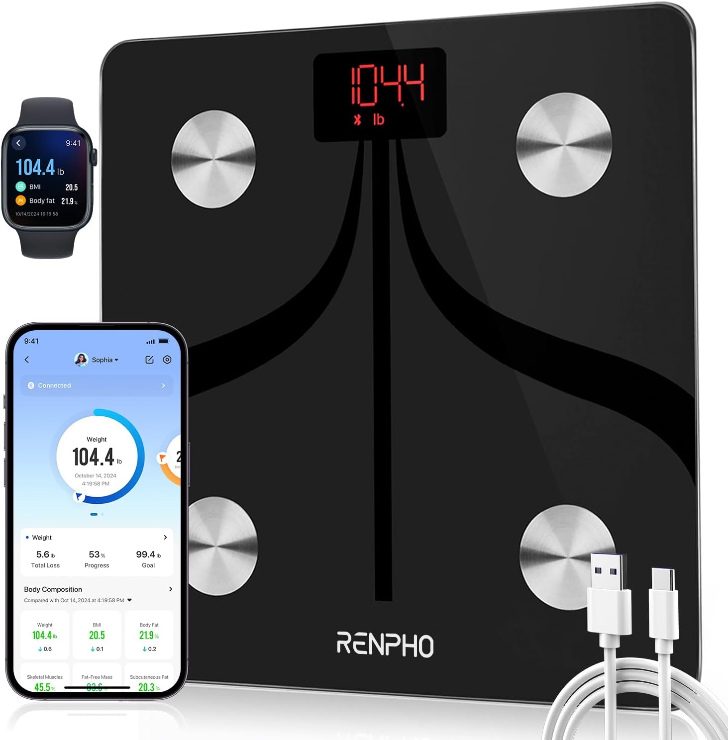 RENPHO Store Renpho Body Fat Scales Bluetooth Personal Scales USB Rechargeable Body Analysis Scales with App Smart BMI Weight Muscle Mass Water Protein