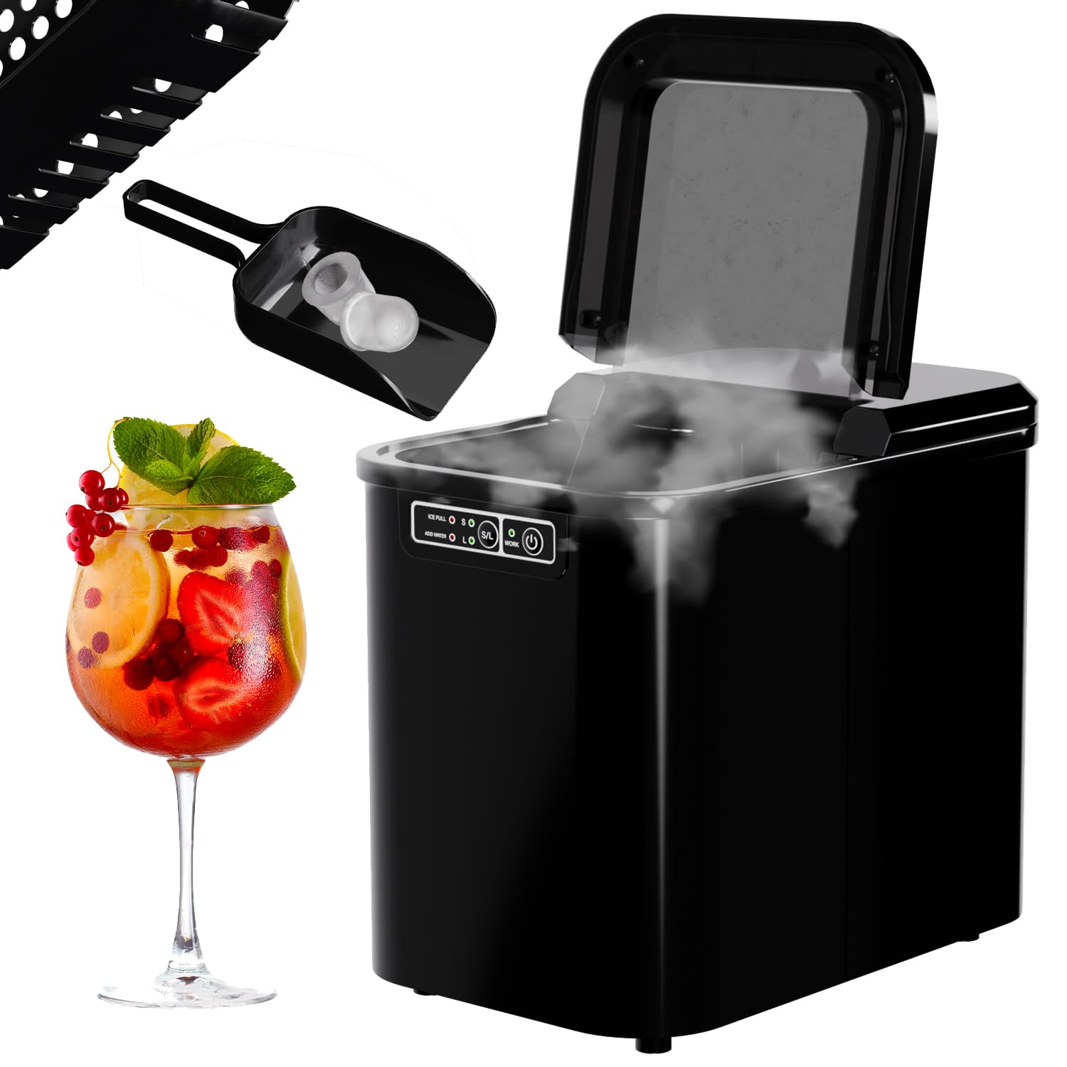 TroniTechnik® Ice Cube Machine, Ice Maker, 12 kg/24 h, 2.2 Liter Water Tank, 2 Sizes, Self-Cleaning, Black, Easy to Use