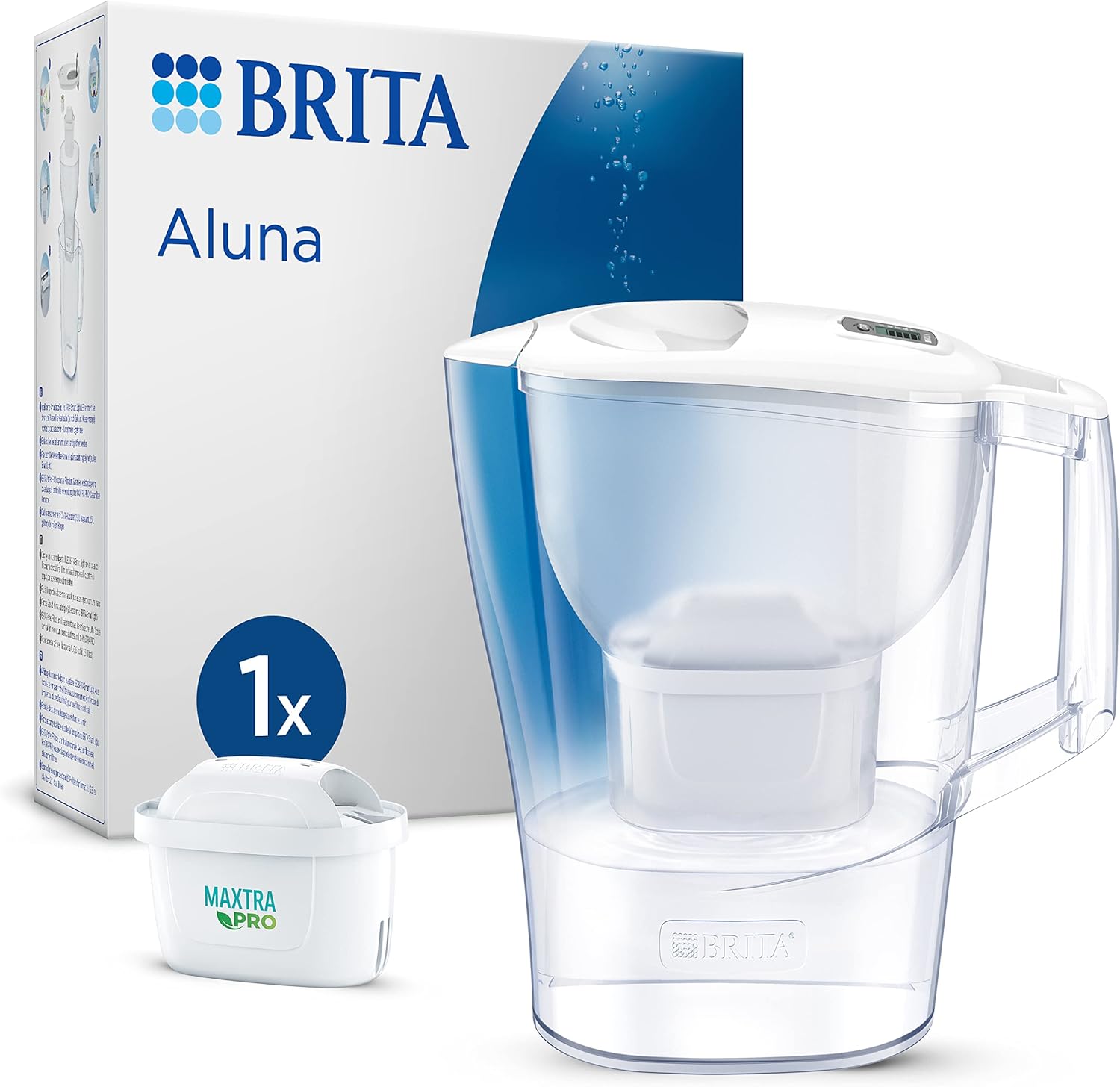 BRITA Aluna Water Filter Jug White (2.4L) Including 1x Maxtra Pro All-in-1 Water Filter Cartridge - Filter Jug Reduces Limescale, Chlorine, Metals such as Lead & Copper, Taste-Disturbing Substances in