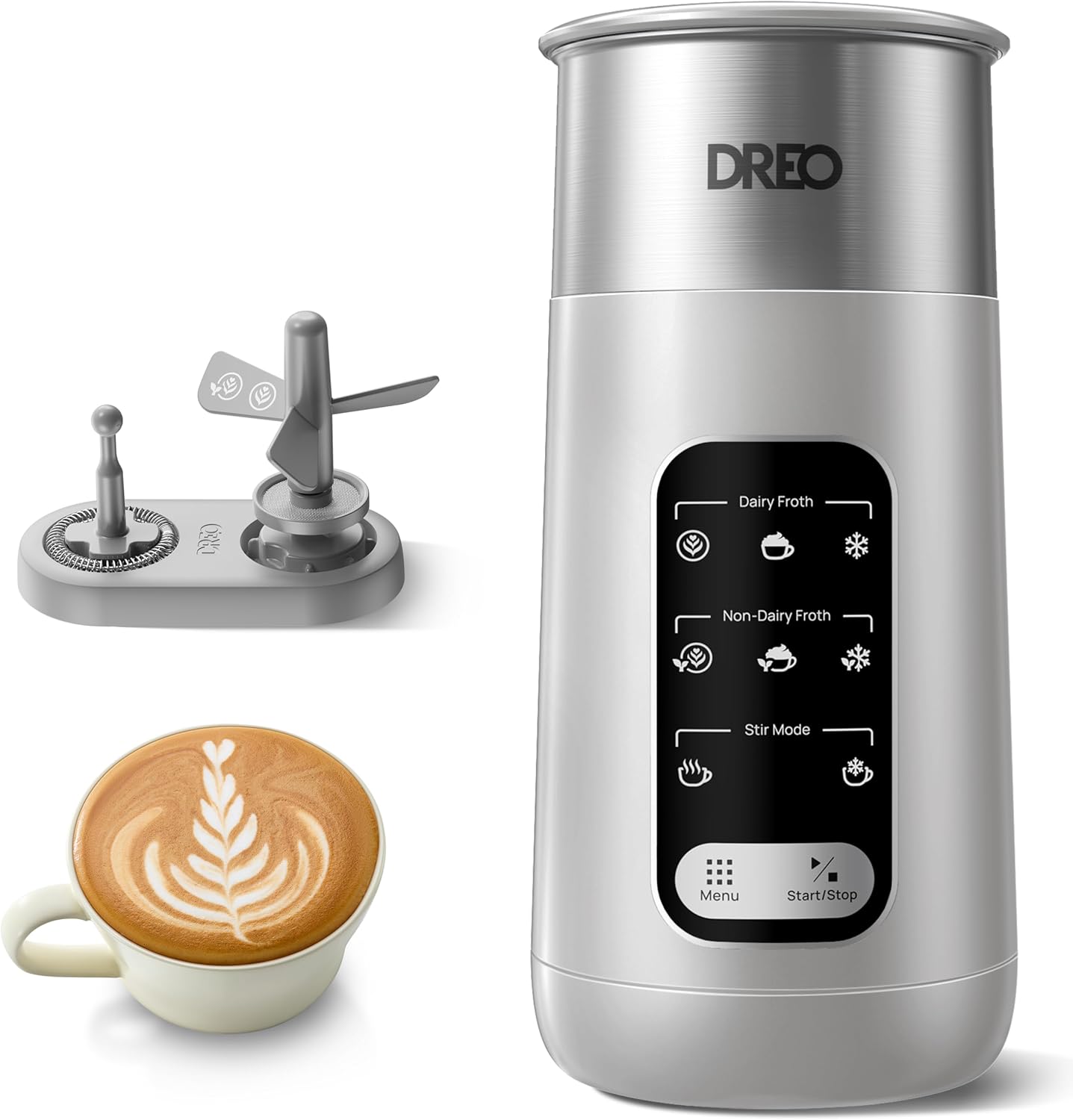 DREO Milk Frother, 8-in-1 Electric Milk Frother for Latte, Cappuccino, Hot Chocolate with Light Foam, 270 ml Warm and Cold Foam Milk Frother Stainless Steel, LED, Easy to Clean