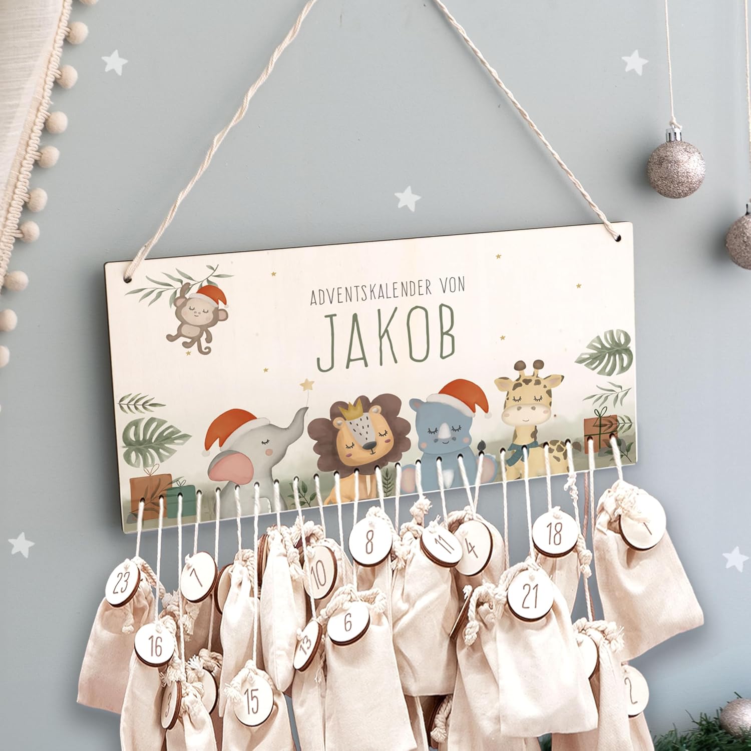 Advent Calendar Personalized for Children | Wooden Advent Calendar to Fill | Wall Mounted Christmas Calendar DIY with Name | hellomini (safari)
