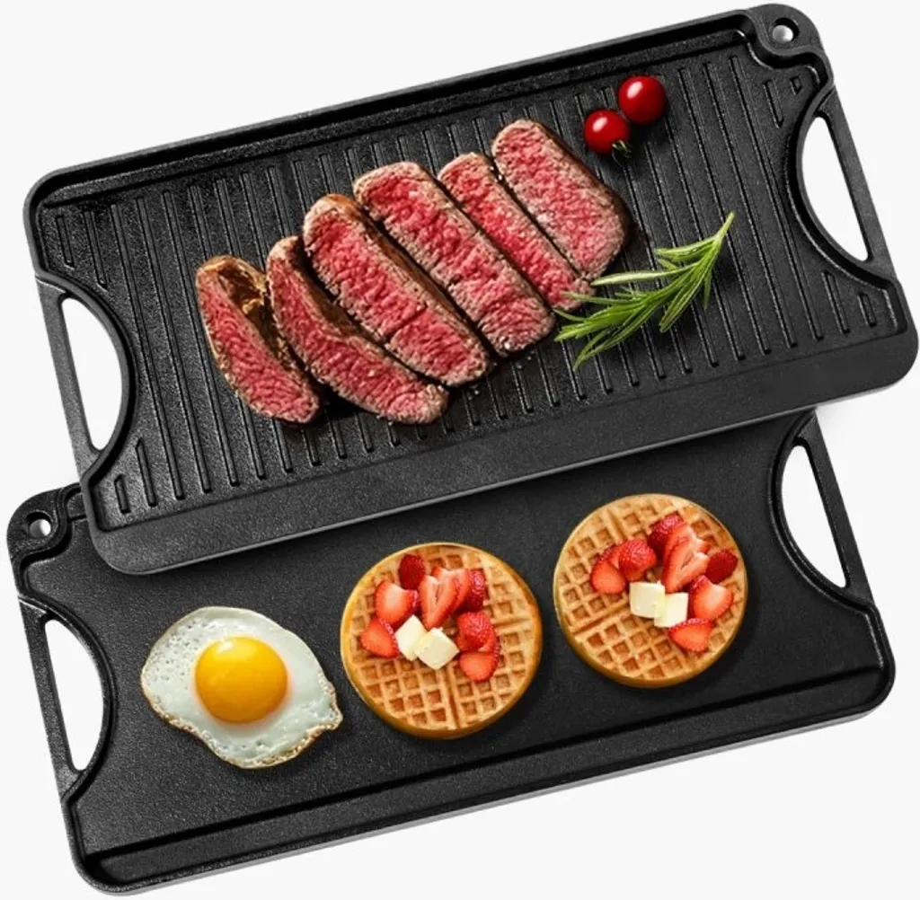 StarTech Reversible Grill Plate, Pre-Seasoned BBQ Cast Iron Pan 492x218mm - Grill Accessory - Cast Iron Pan for BBQ