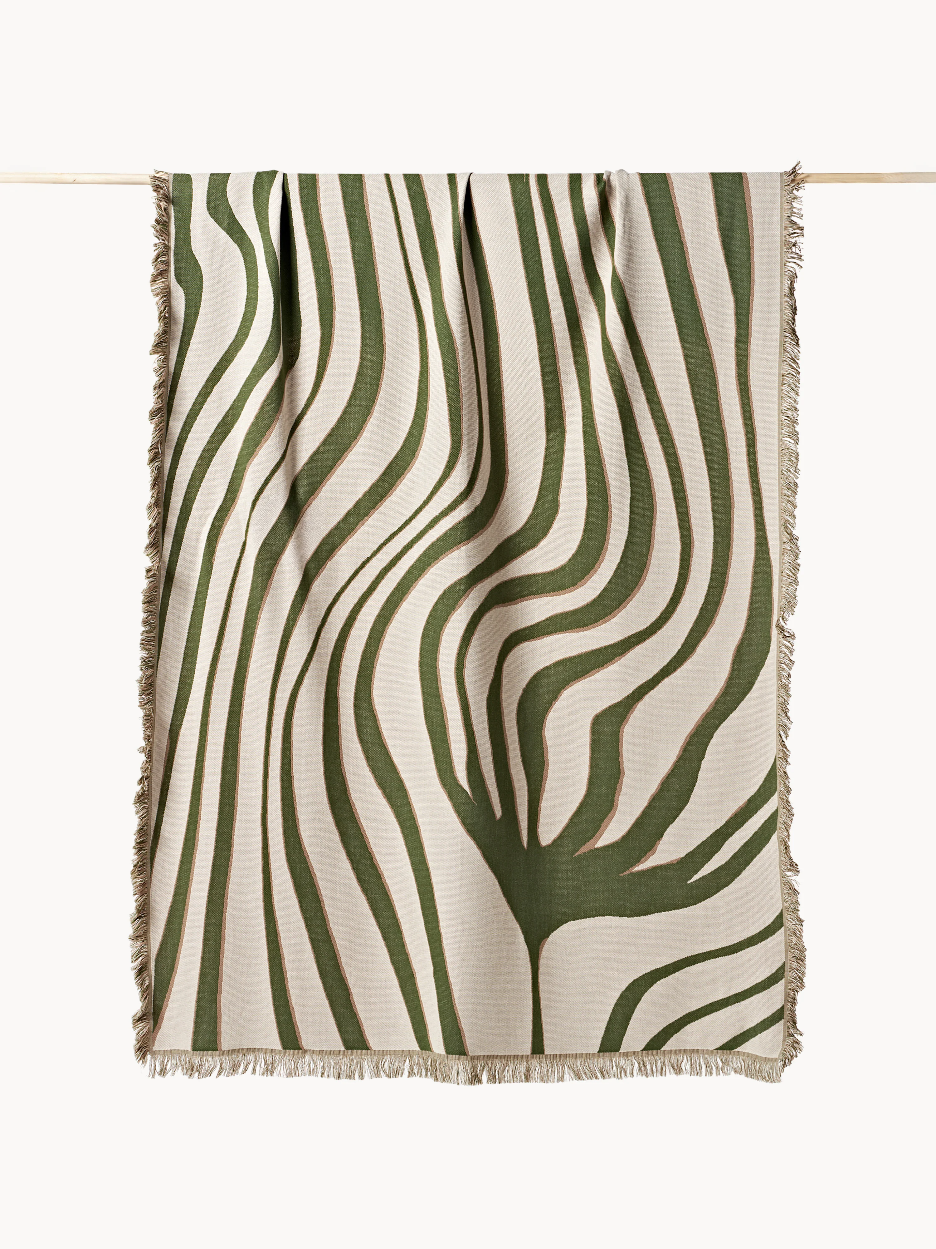 Westwing Collection Reversible blanket Alia made of cotton with fringes, Olive green, green, beige
