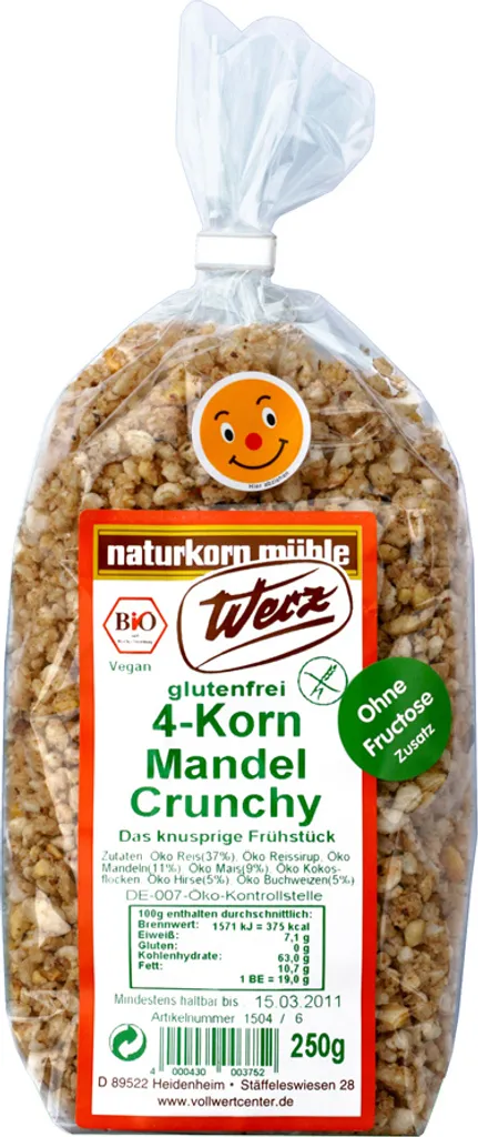 naturkorn mühle Werz Werz 4-grain almond crunchy wholegrain muesli gluten-free -- 250g