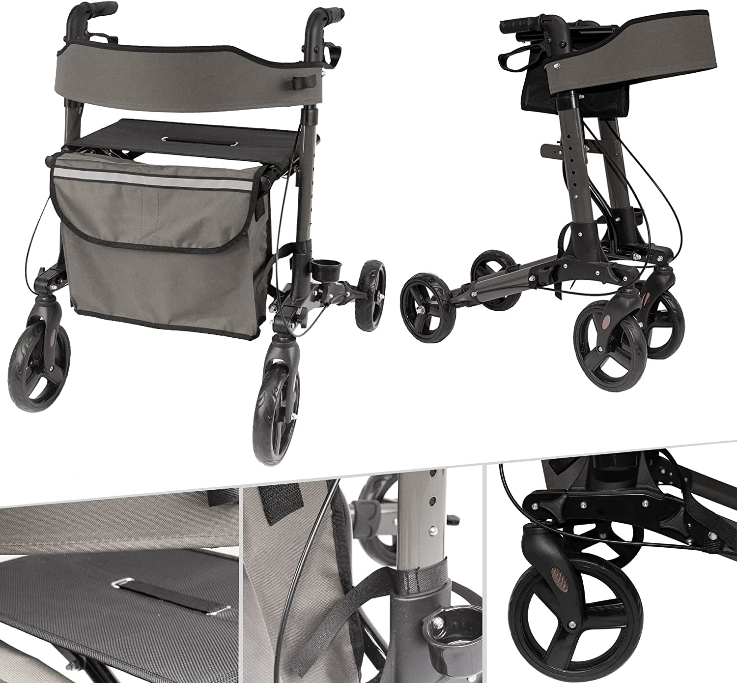 Arebos Lightweight Rollator, Aluminium, 6-way height adjustable, Comfortabl