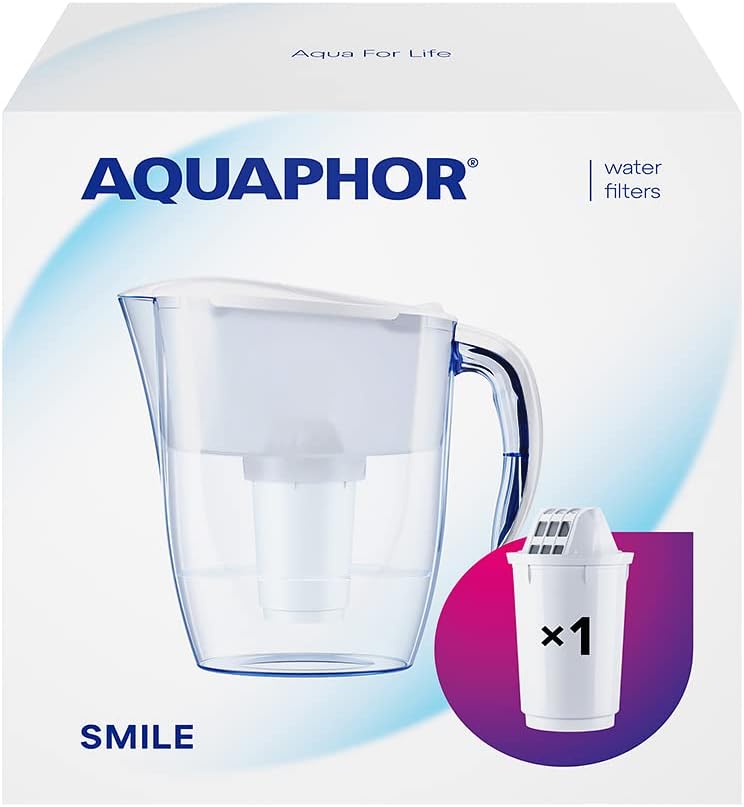 AQUAPHOR Smile White Water Filter Including 1 A5 Filter with Magnesium I Reduces Limescale and Chlorine I Carafe for 2.9 L I Compact & Lightweight Water Filter I Table Water Filter I Fits in the