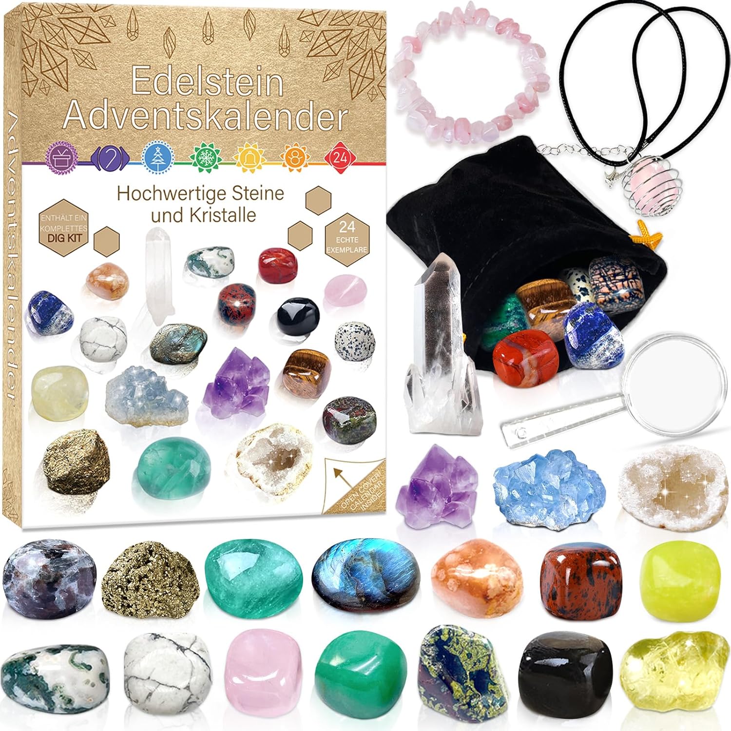 YUNSTK Advent Calendar 2024 Children for Crystals, Gemstone Advent Calendar with 24 Natural Rocks and Minerals, Christmas Countdown Surprises for Boys and Girls German Edition
