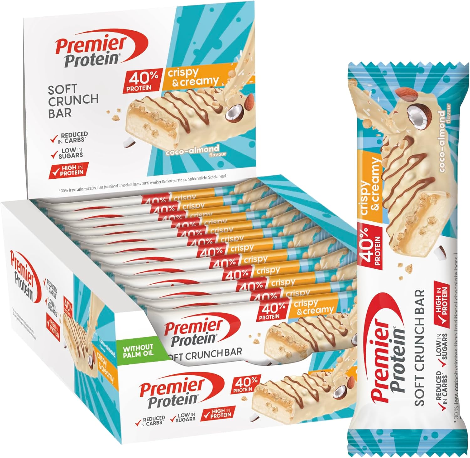 Premier Protein Soft Crunch Bar 40% Protein Coco-Almond 12x40g - High Protein + Low Sugar + Palm Oil Free