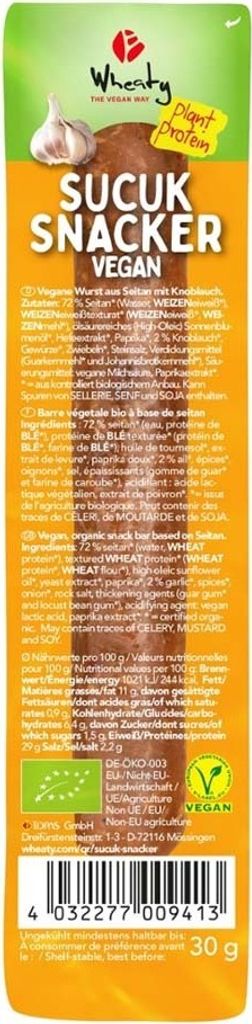 gustiamo Wheaty Sucuk Snacker, Vegetable snacks, Celery, Gluten, Mustard, Soy, 30 g, Palm oil, 30 g