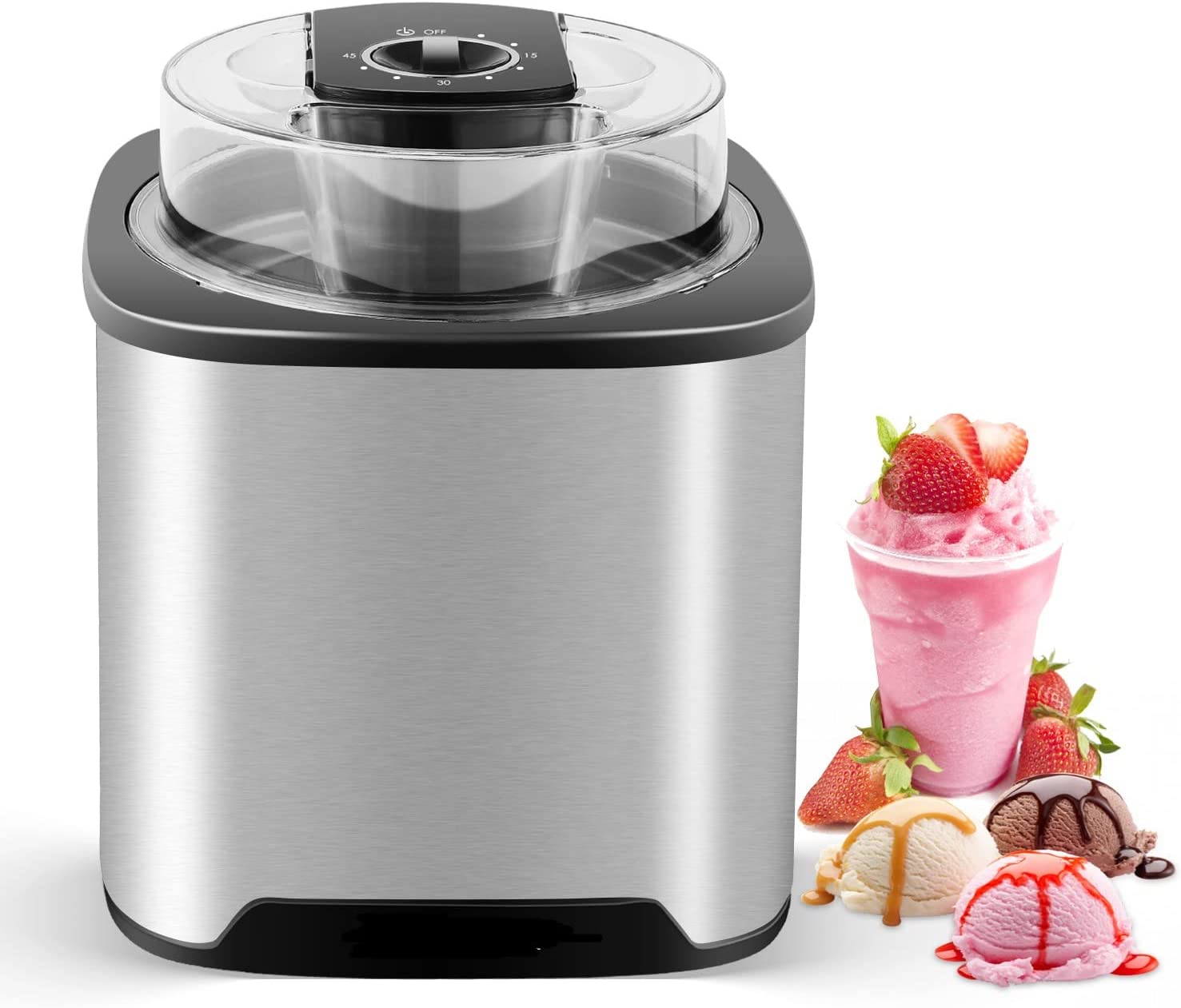 Momboo Ice Cream Maker 2l Stainless Steel Food Ice Cream Maker 22 x 22 x 24 cm one button Operation for Ice Cream, Frozen Yoghurt and Sorbet, Removable, Easy to Clean