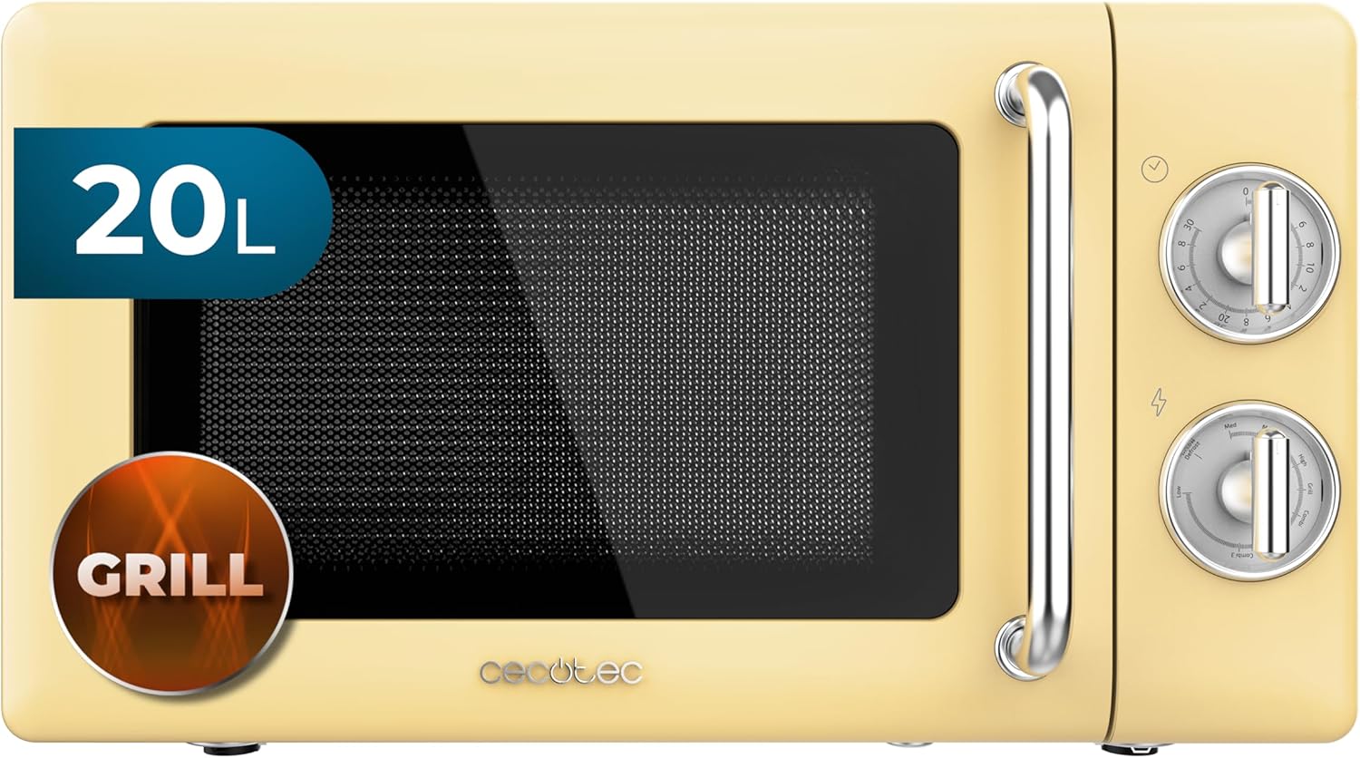 Cecotec Proclean 3110 Retro Yellow Mechanical Microwave with Grill, 700 W, 6 Levels, Timer up to 30 Minutes, Defrost Mode, Vintage Design in Yellow, Steel Finish
