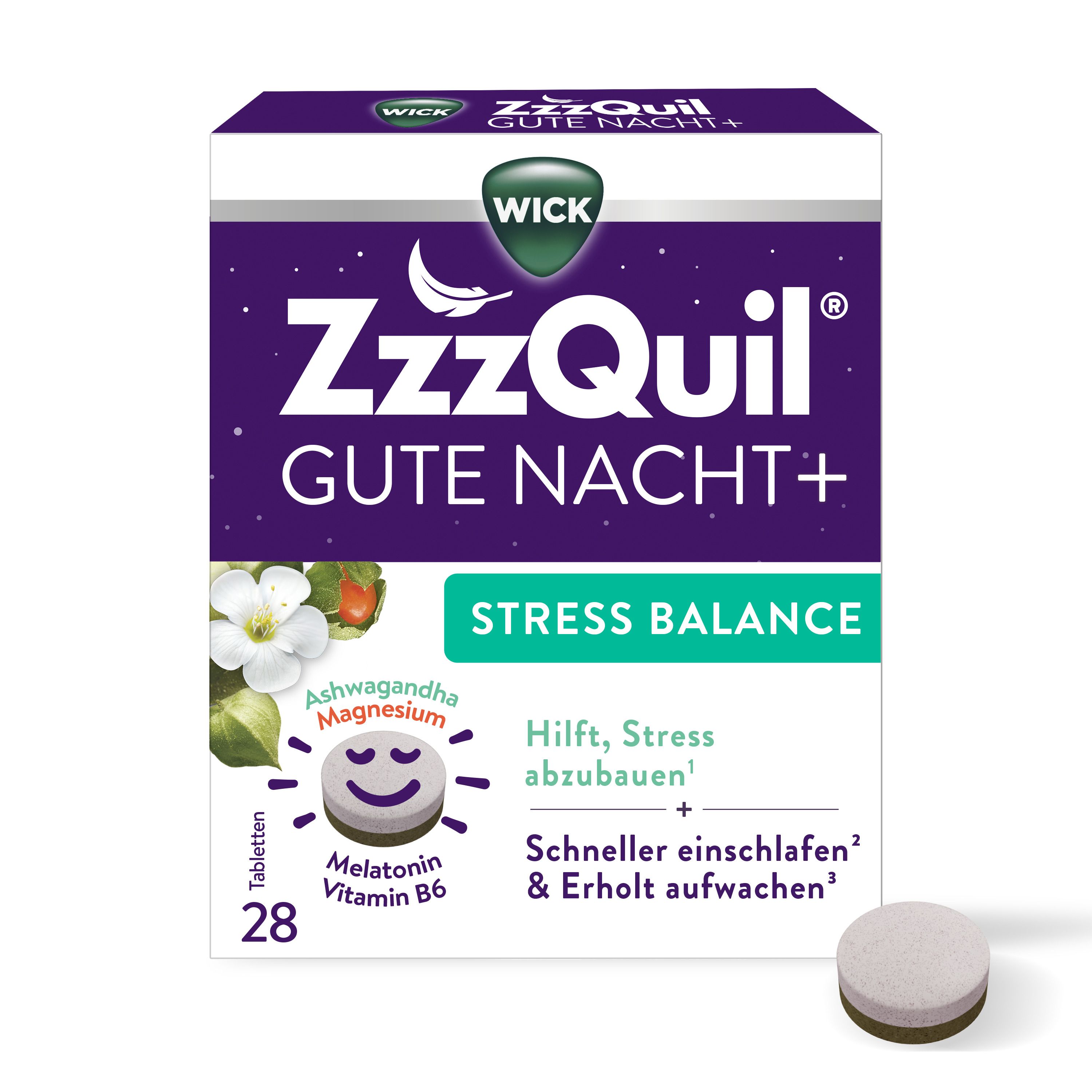 WICK ZzzQuil Good Night+ Stress Balance with Ashwagandha, Melatonin, Magnesium and Vitamin B6, 28 capsules