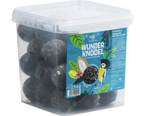 Wild bird food Wundergarten Wunderknödel bucket with 30 suet balls, approx. 2.5 kg with feed charcoal, bird charcoal, year-round bird food