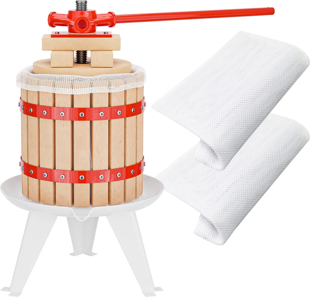 Wiltec 12L Fruit Press, Mash Press with 3 Matching Pressing Cloths, Wooden Wine Press, Apple Press, Juice Press