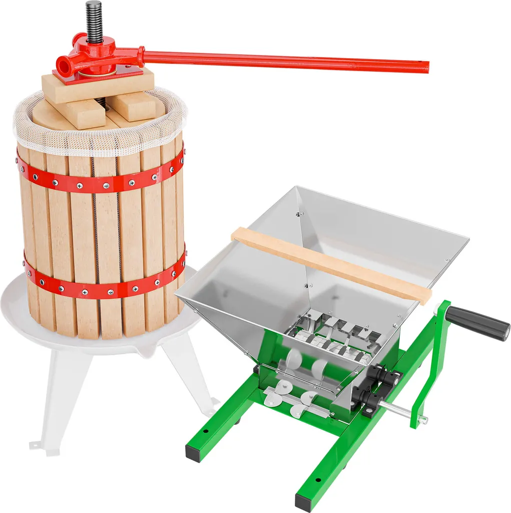 Wiltec 18L beechwood fruit press set including pressing cloth and fruit mill with 7L hopper, for making juice, wine and mash