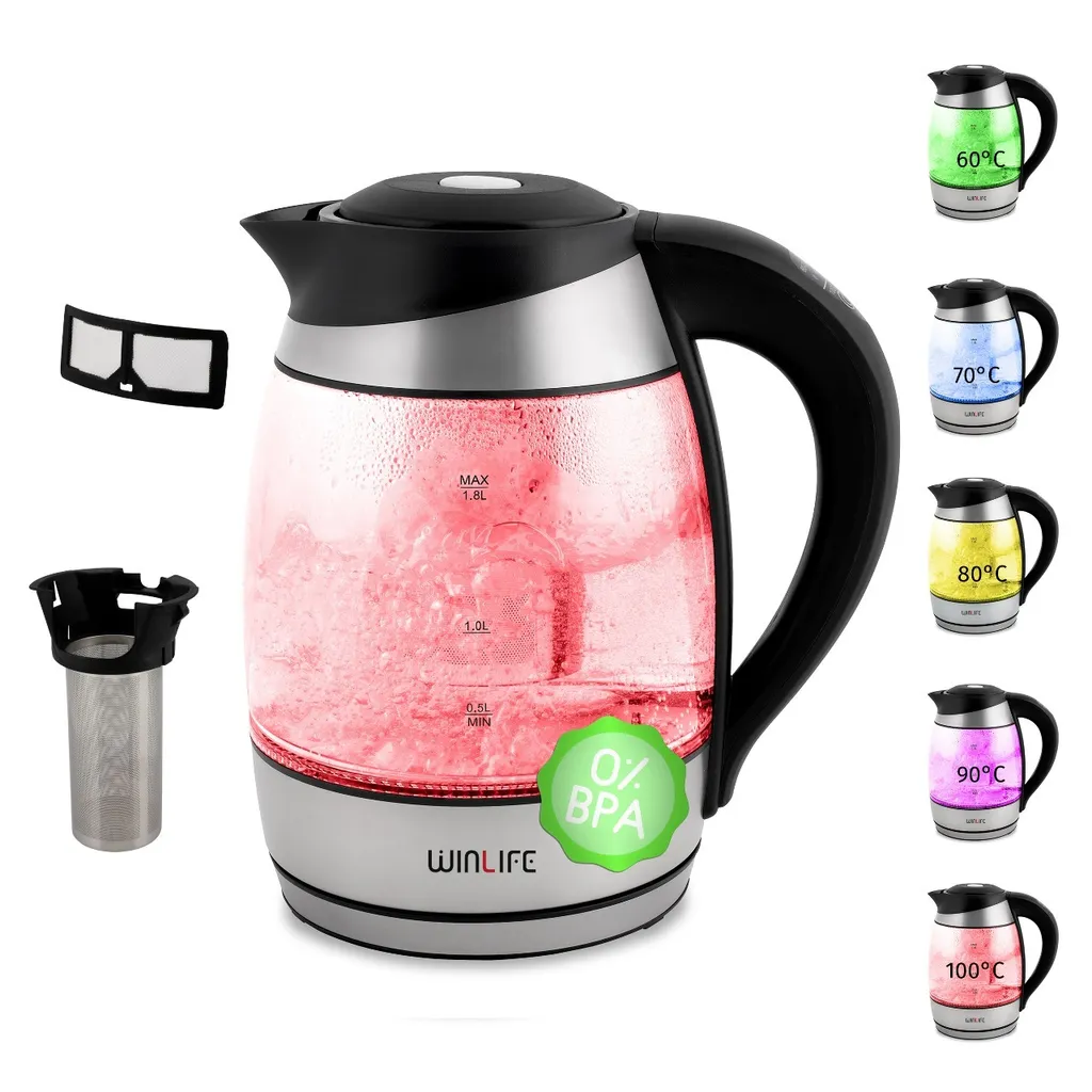 WINLIFE Glass Kettle, Stainless Steel, 1.8 Liters, Temperature Setting (60, 70, 80, 90, 100°C), Color Changing LED | Glass Kettle with Keep Warm Function