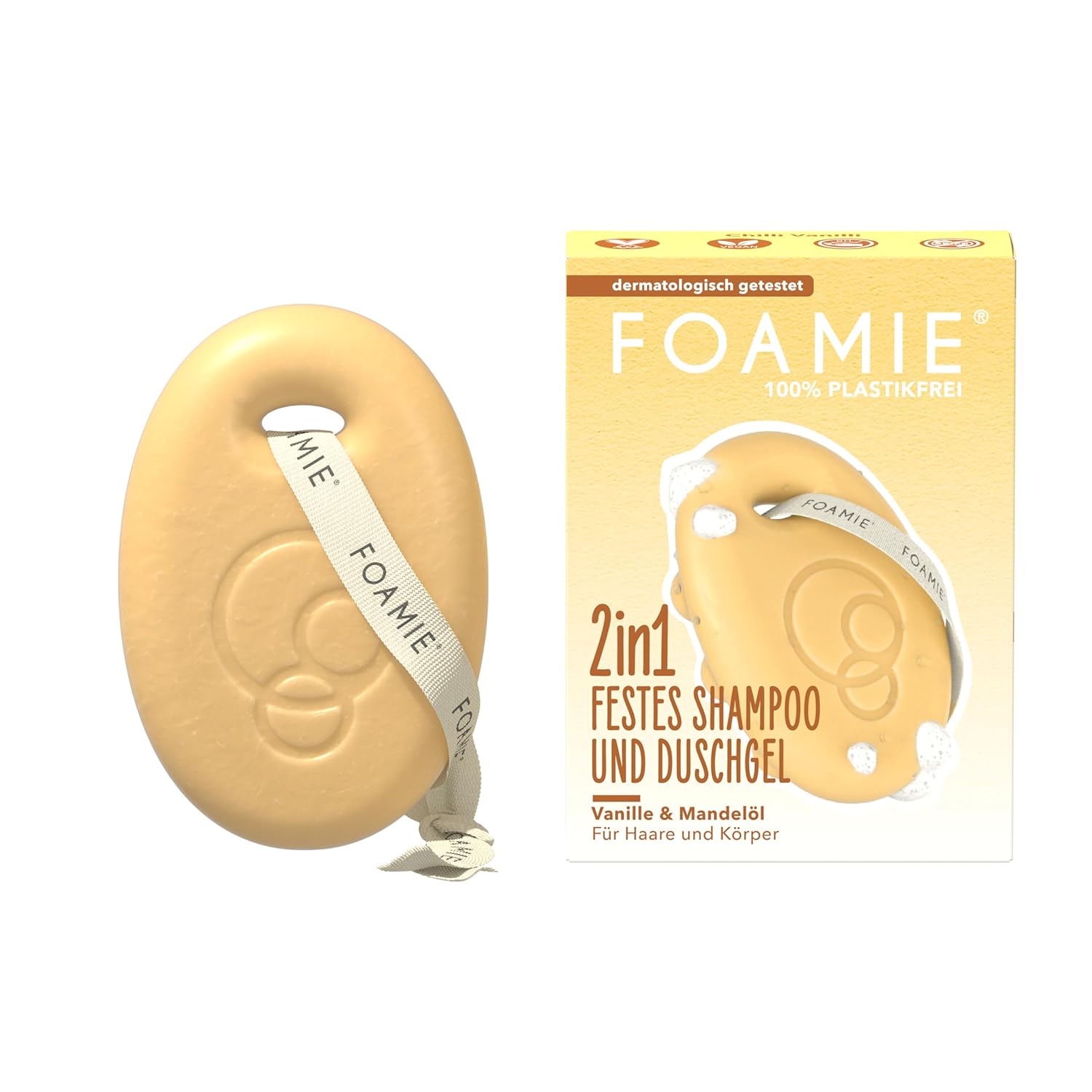 Foamie 2in1 Solid Shampoo & Shower Gel Vanilla Almond Milk | For hair & body | With almond oil & vanilla scent | pH skin-neutral | Vegan & plastic-free | 80g