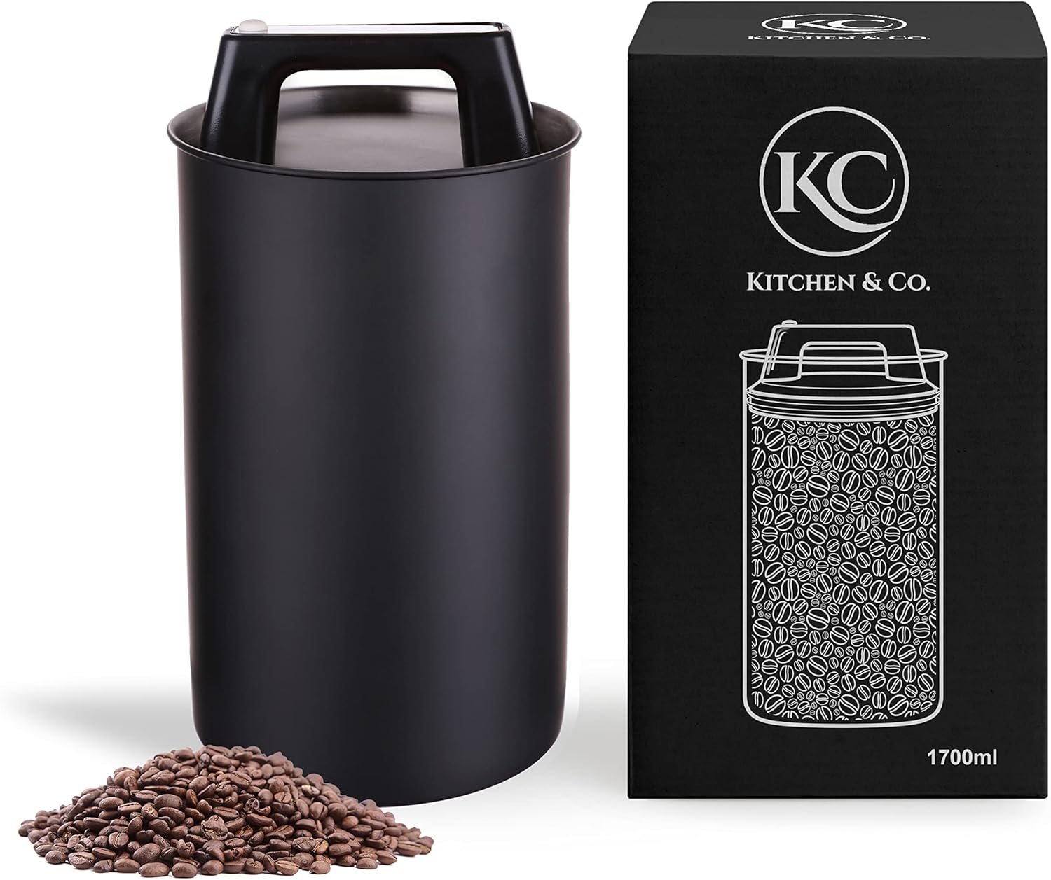 KC Kitchen & Co. Airtight Coffee Canister for 500 g Coffee Beans with Vacuum Lid (Container for Coffee, Tea, Stainless Steel Container for Storage with Aroma Closure, Storage Jar for 500 g Coffee) Matte Black (1700