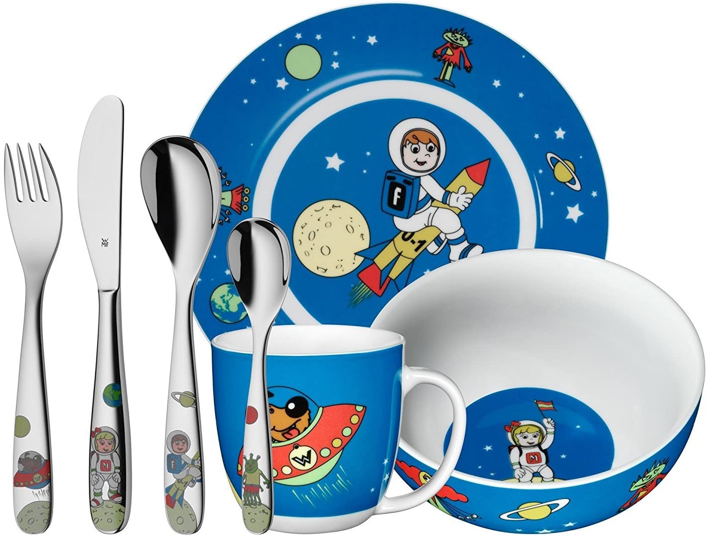 WMF Willy Mia Fred Children\'s Crockery Set with Cutlery Set 6 Pieces from 3 Years Stainless Steel Cromargan Dishwasher Safe Colour and Food Safe