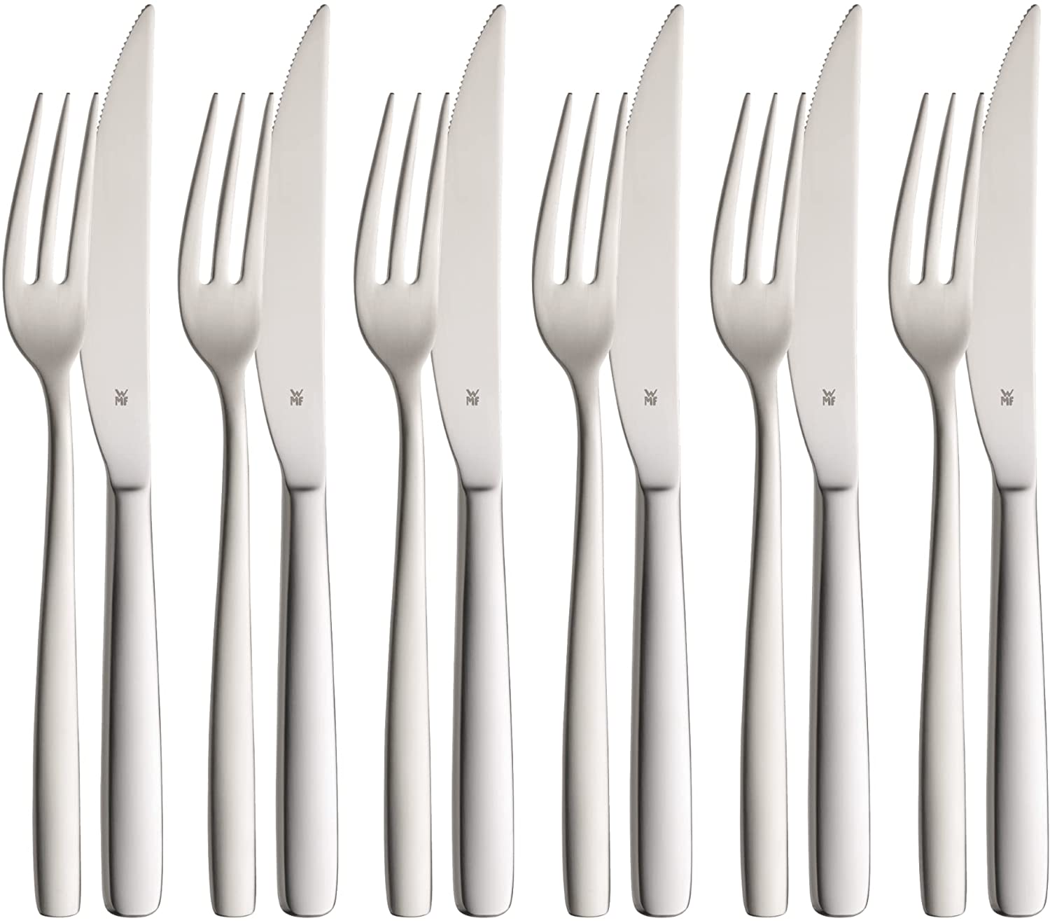 WMF Prego 12-Piece Steak Cutlery Set for 6 People Steak Fork Steak Knife Matte Cromargan Stainless Steel Dishwasher Safe