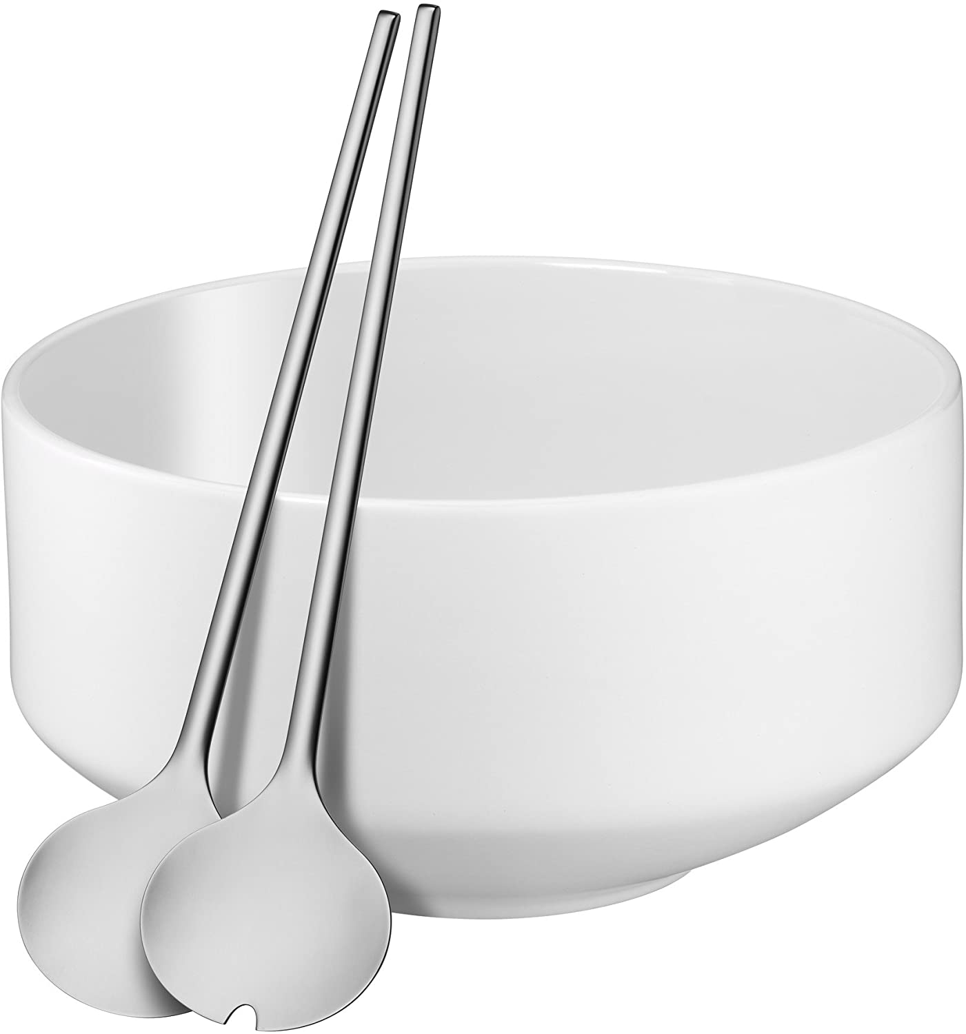 WMF Moto Salad Bowl Set of 3, Salad Servers 32 cm with Salad Bowl, Round Bowl Diameter 26 cm, Porcelain, Polished Cromargan Stainless Steel, Dishwasher Safe, White