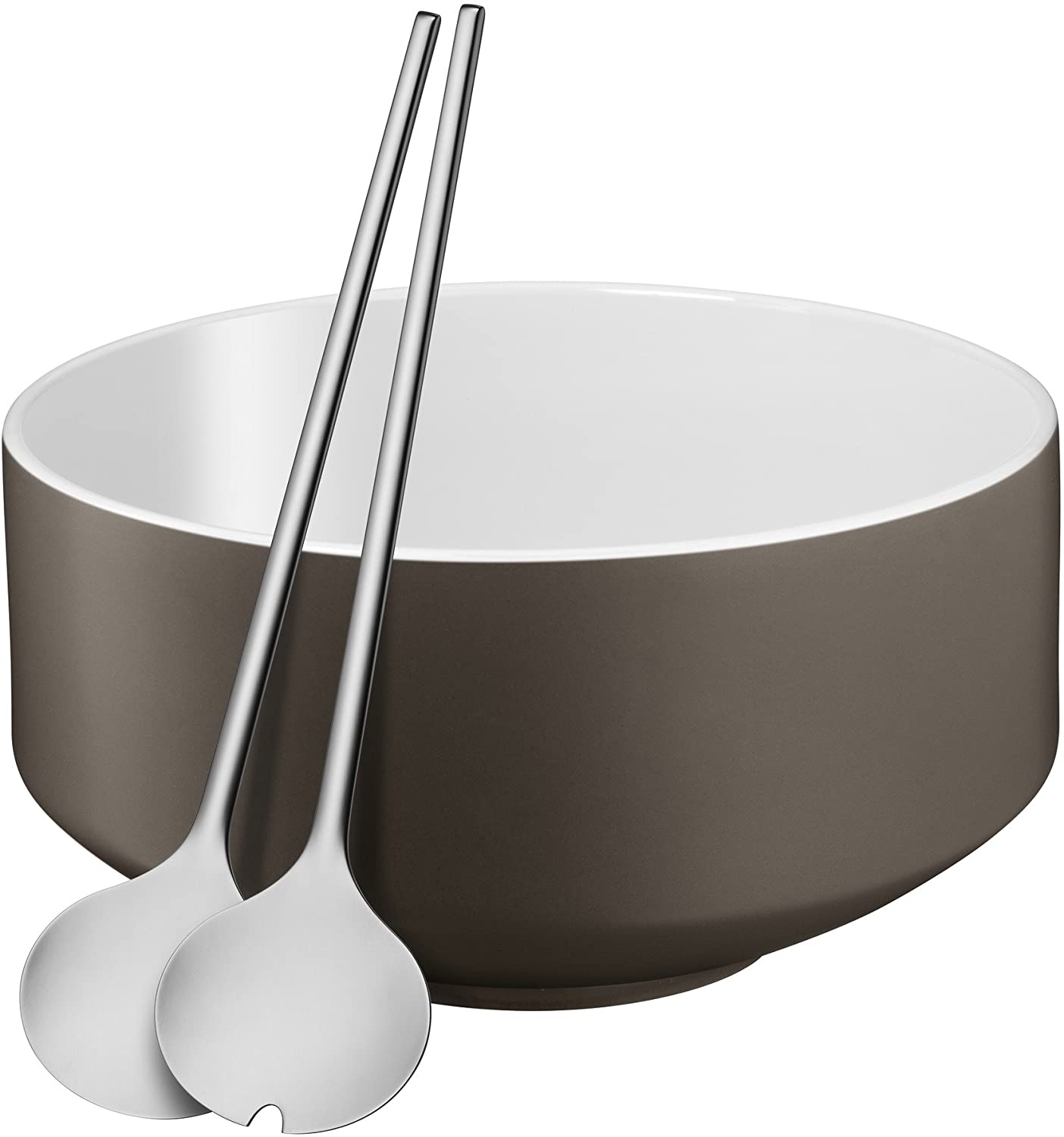 WMF Moto Salad Bowl Set of 3, Salad Servers 32 cm with Salad Bowl, Round Bowl 26 cm, Porcelain, Polished Cromargan Stainless Steel, Dishwasher Safe, Grey