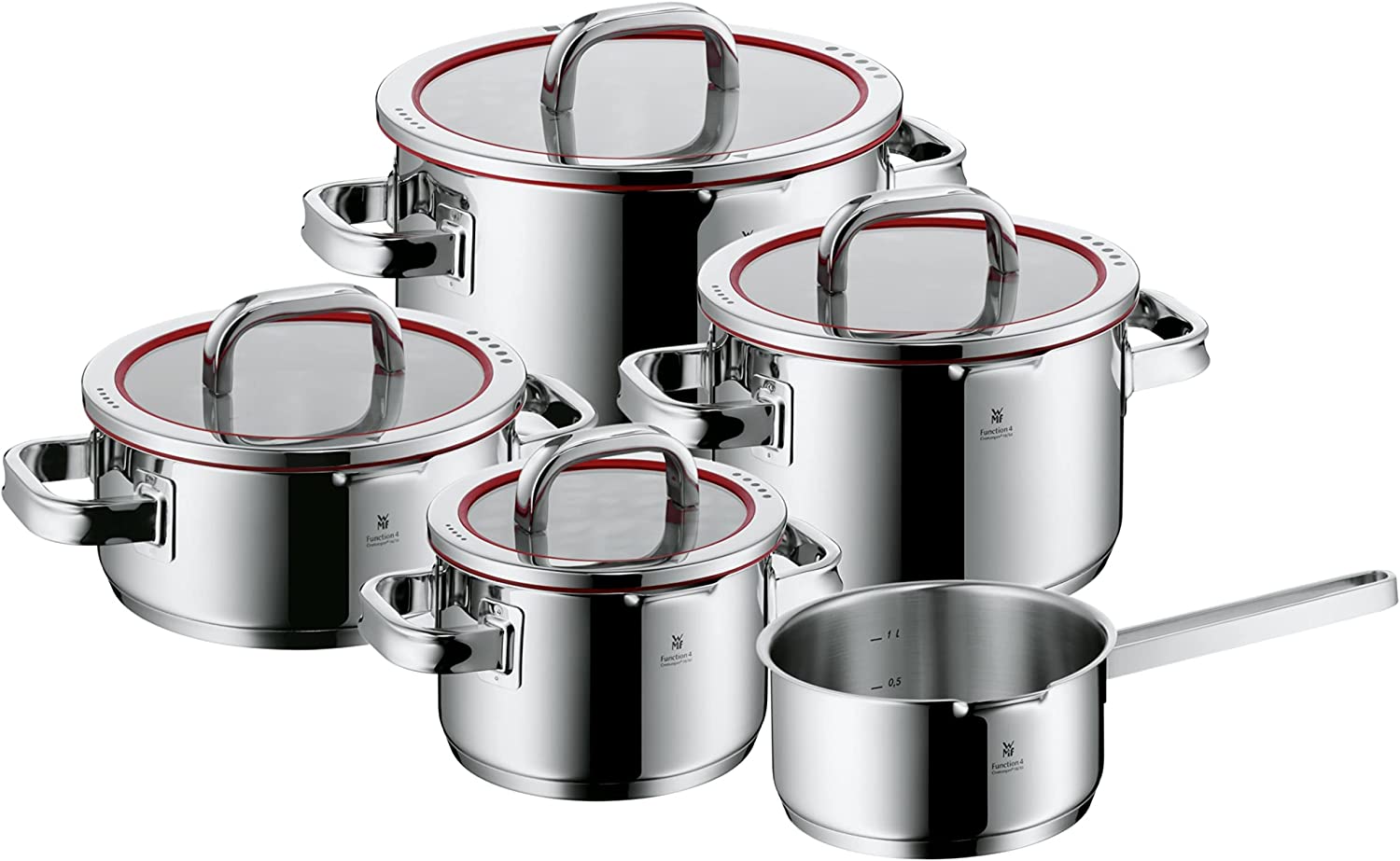 WMF Set of 4 Pots, Scale on Inside, Lid with 4 Pouring Functions, Glass Lid, Polished Cromargan Stainless Steel, Suitable for Induction Cookers, Dishwasher-Safe