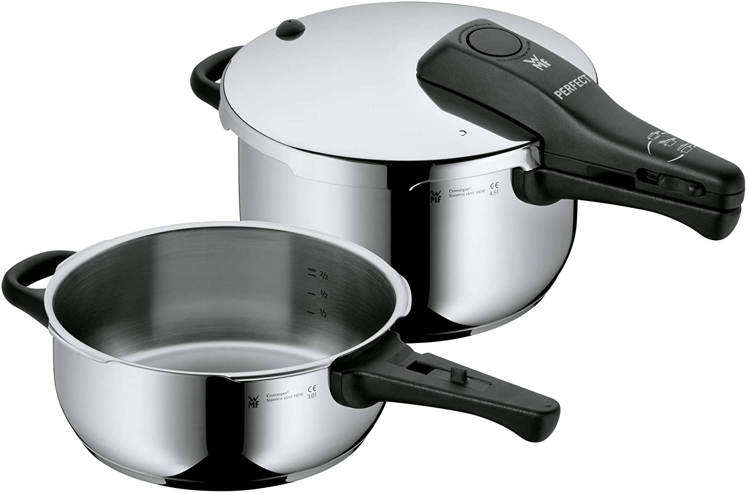 WMF Perfect Pressure cookers, set of 2-pieces-pieces 3l & 4,5l without insert Ø 22cm internal scaling Cromargan stainless steel suitable for induction
