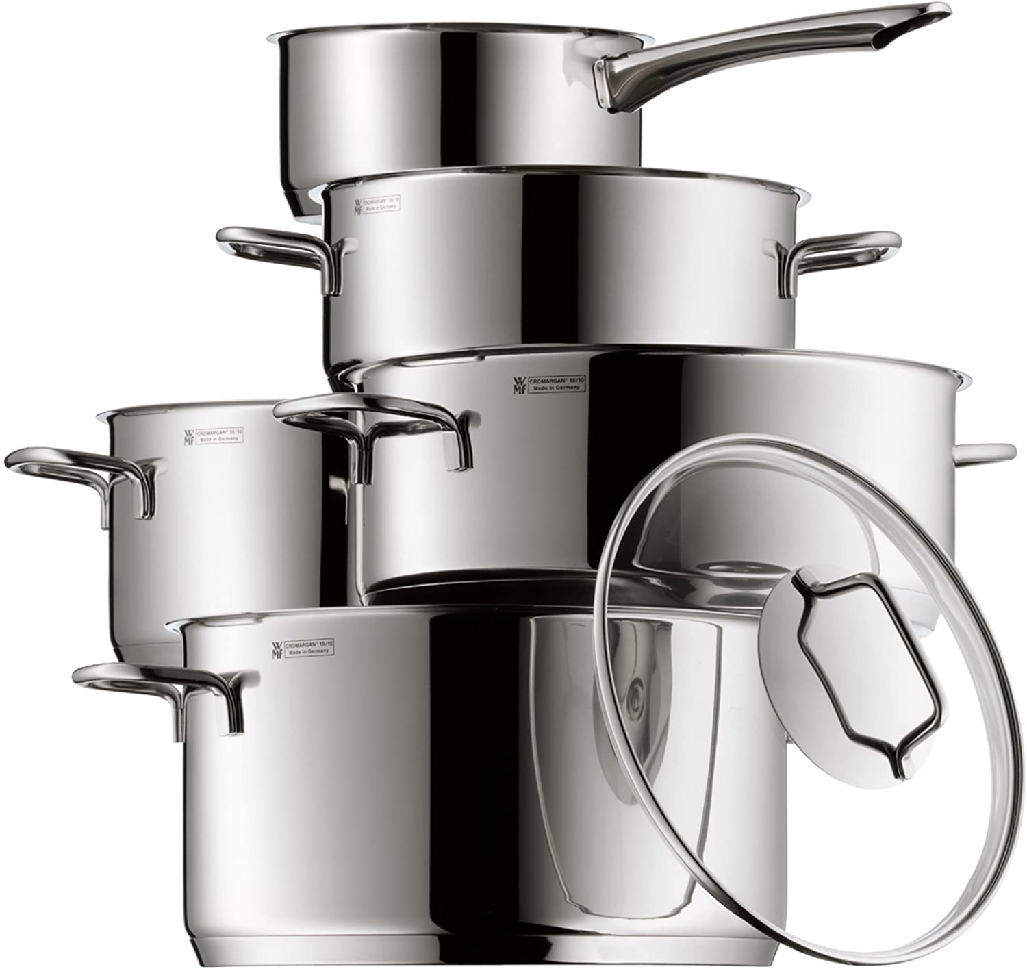 WMF Astoria Set of Pots, 5 Pieces, with Glass Lid, Cooking Pot, Saucepan, Cromargan Stainless Steel Polished, Suitable for Induction and Dishwasher Safe