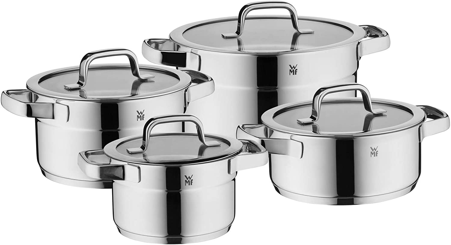 WMF Compact Cuisine 4-Piece Saucepan Set Cromargan Polished Stainless Steel Pots with Glass Lid, Induction Saucepans with Scale Inside, Stackable