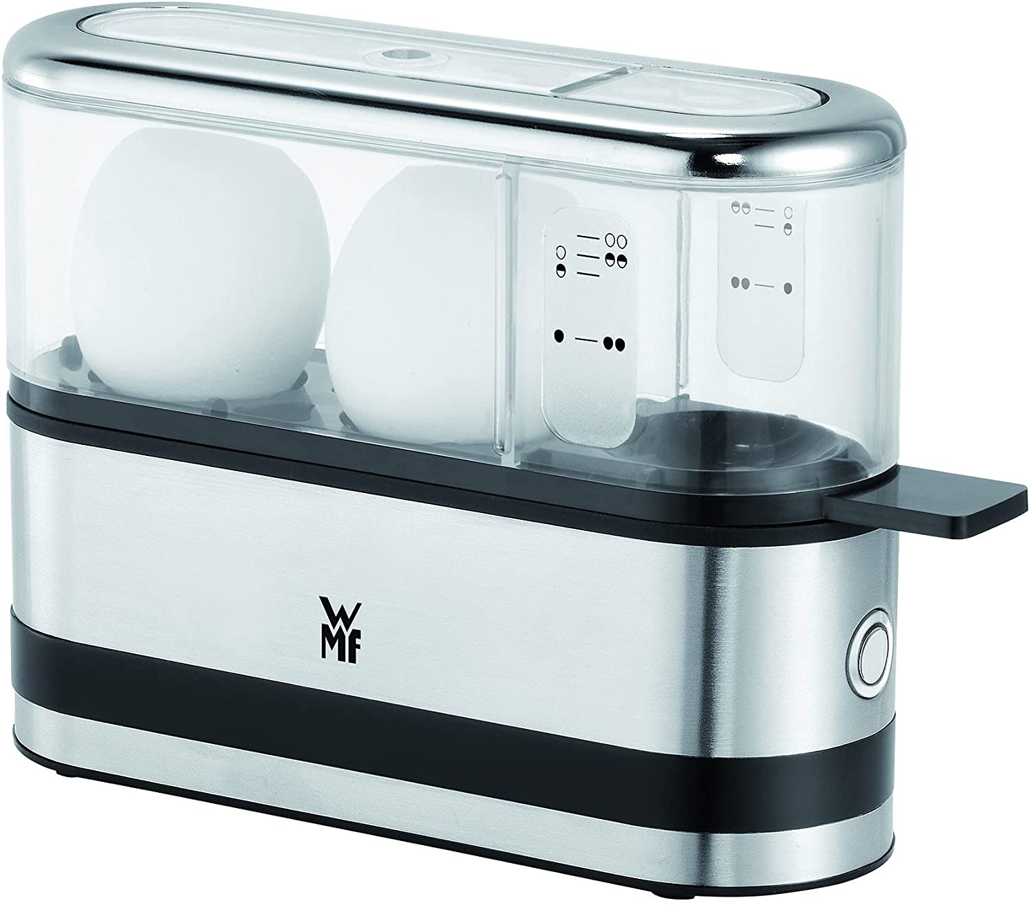 WMF kitchen mini 2-egg cooker (250 W, egg cooker for 1-2 eggs, with egg pick, BPA-free Tritan) matt cromargan
