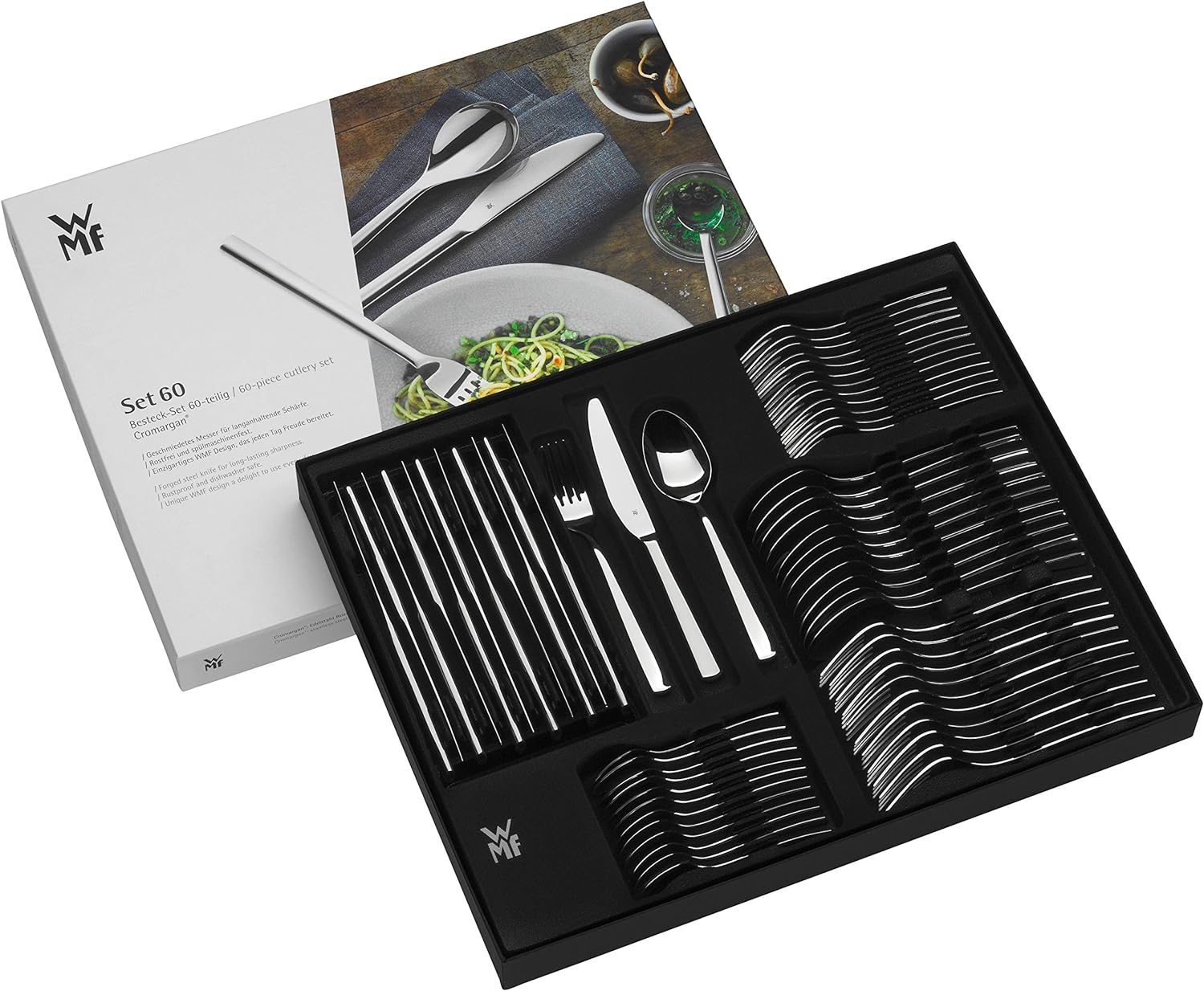 WMF Denver cutlery set, 12 persons, 60 pieces, monobloc knives, Cromargan polished stainless steel, glossy, dishwasher-safe