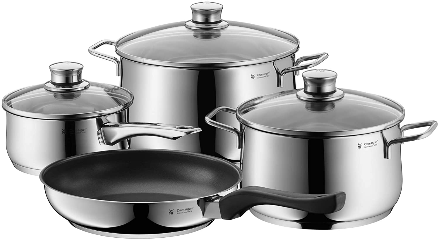 WMF Diadem Plus Cooking Set with Glass Lid Cooking Pot Saucepan Coated Pan Knife Set Scissors Chopping Board Cromargan Polished Stainless Steel Suitable for Induction Cookers Dishwasher Safe