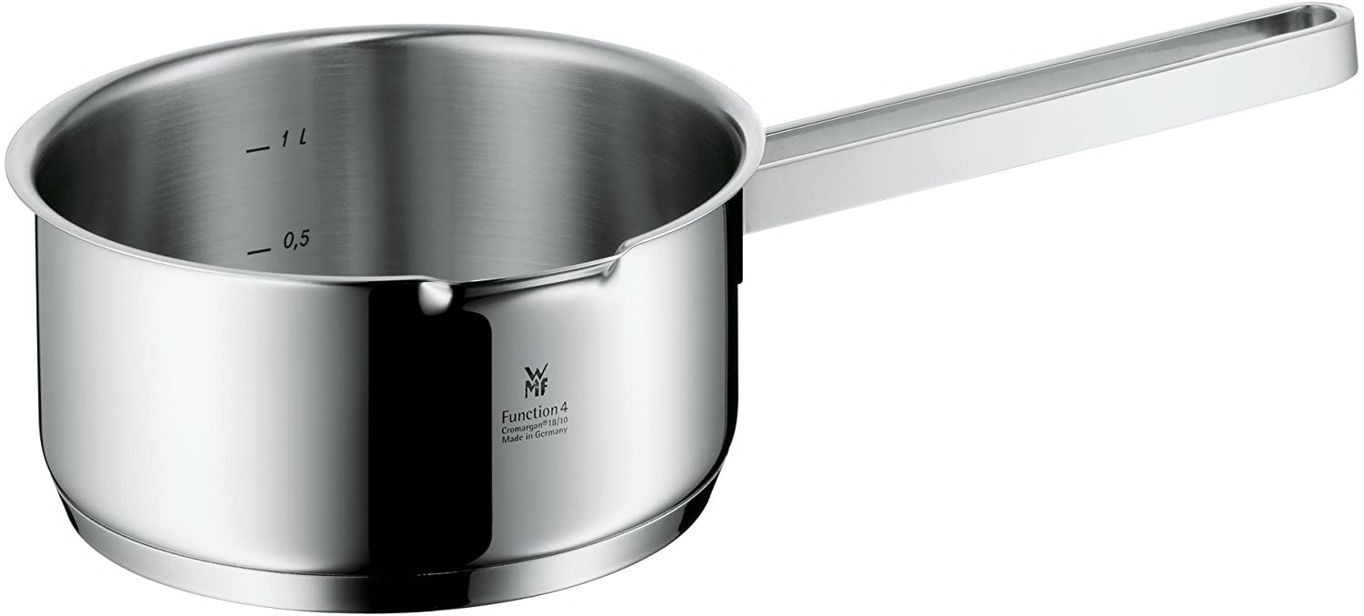 WMF sauce pan Ø 16 cm approx. 1,4l Function 4 Inside scaling lid - pour off or decant liquids without spilling to keep your dishes and cooker clean. Hollow side handles glass lid Cromargan stainless steel brushed suitable for all stove tops including induction dishwasher-safe