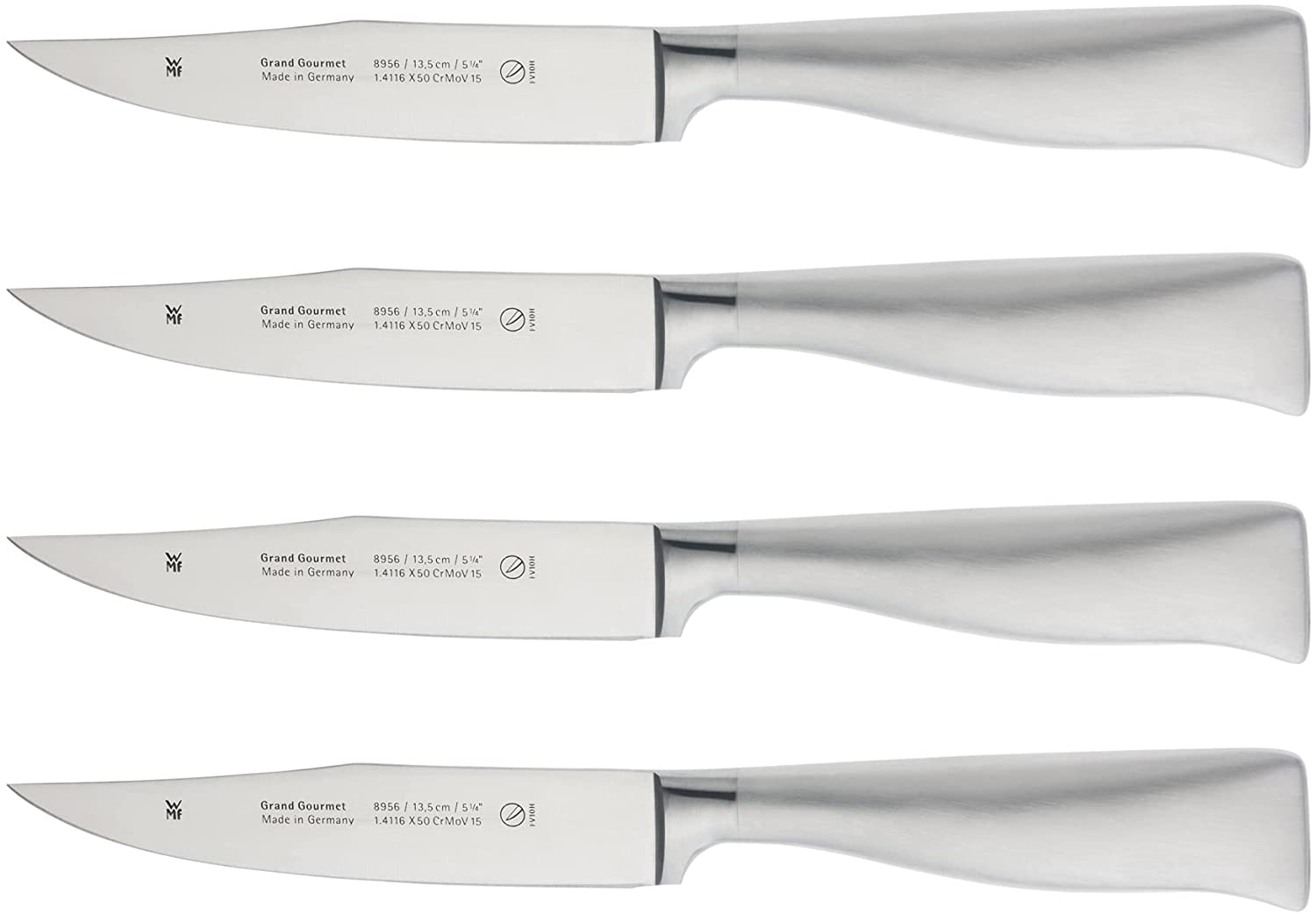 WMF Grand Gourmet Steak Knife Set 4 Piece Performance Cut Forged Chef\'s Knife Sharpening Steel, Stainless Steel Handle, Blade 13 cm, Steel, 37 x 8 x 3.1 cm transparent, 4 Units