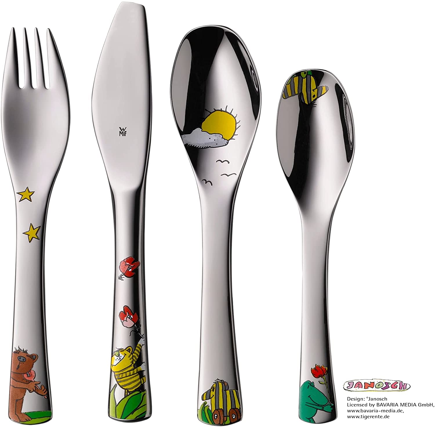WMF Janosch children\'s cutlery, 4 pieces, from 3 years, Cromargan stainless steel polished, dishwasher safe, color and food safe